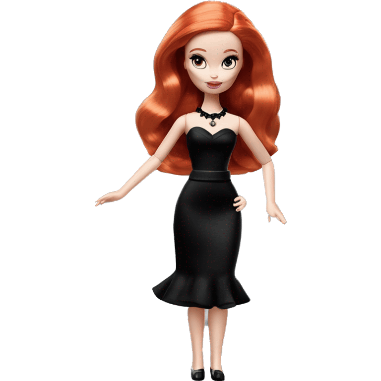  Bunny Wednesday Addams Barbie dancing.  Cute eye makeup face. Longer red hair. black flowing strapless tight evening gown with  plunging neckline that’s off-the-shoulders that also shows her legs and black shiny velvet high heel shoes. emoji