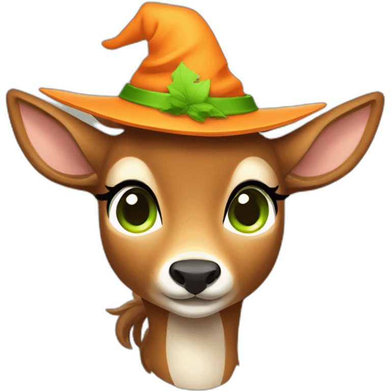 female deer in orange witch hat with green eyes and brown hair emoji