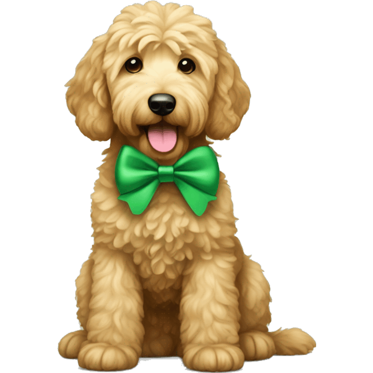 Goldendoodle wearing a green bow emoji