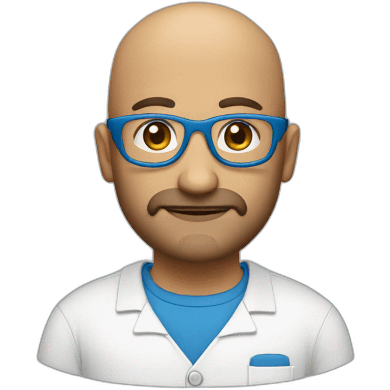 A bald Italian individual with a slight beard, working at a computer. They wear oval, brown glasses, and their eyes are a vibrant shade of blue. emoji