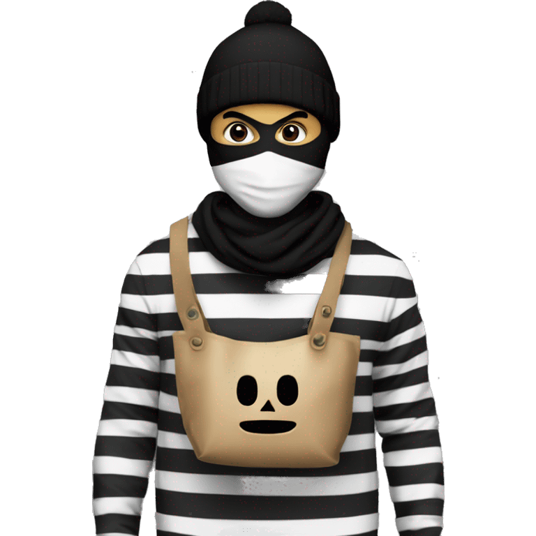 Robber,black and white striped shirt,black mask, money bag black beanie emoji