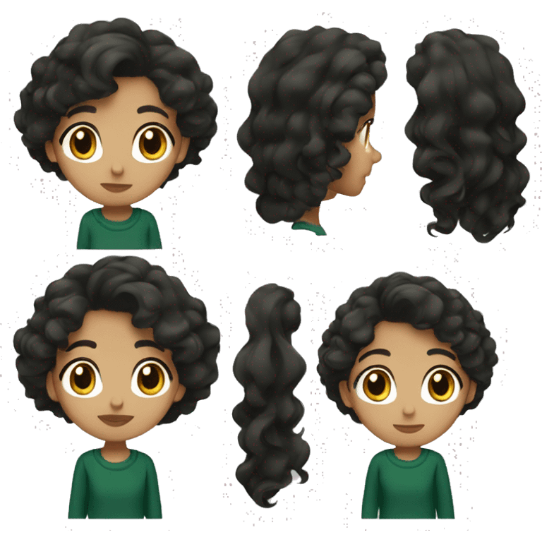 brunette girl with wavy black hair, dark brown eyes, dark green sweater emoji