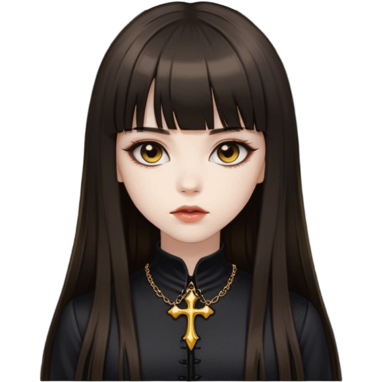 Beautiful girl, dark brown long hair, bangs, straight hair, golden brown eyes, pale, black/gothic clothing emoji