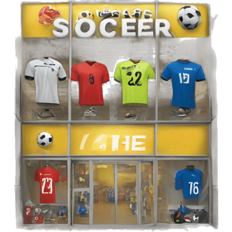 “Soccer store exterior with bold signage, large windows showcasing football gear, jerseys, and accessories, and a dynamic, athletic design reflecting the energy of the sport.” emoji