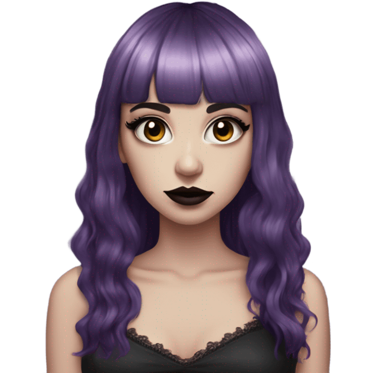 one single alt portrait women, purple hair medium, kinda long hair, short bangs, dark makeup, dark pink lips, gothic detailed slip dress, white skin  emoji