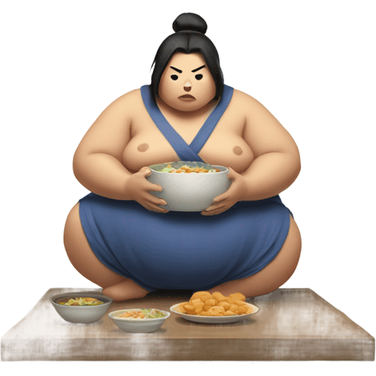 Female sumo wrestler eating while sad emoji