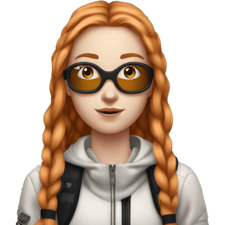 White fair skin, straight hair, ginger coloured hair, grundge aesthetic, beautiful face, ski goggles on her hair emoji