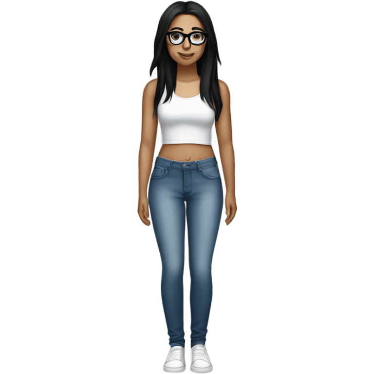 White girl with straight black hair and glasses wearing a white crop top and jeans glasses full body emoji