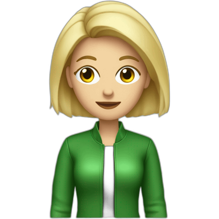 Mujer de 40 años rubia de ojos verdes con chaqueta de cuero negra , creando contenido con el celular  emoji