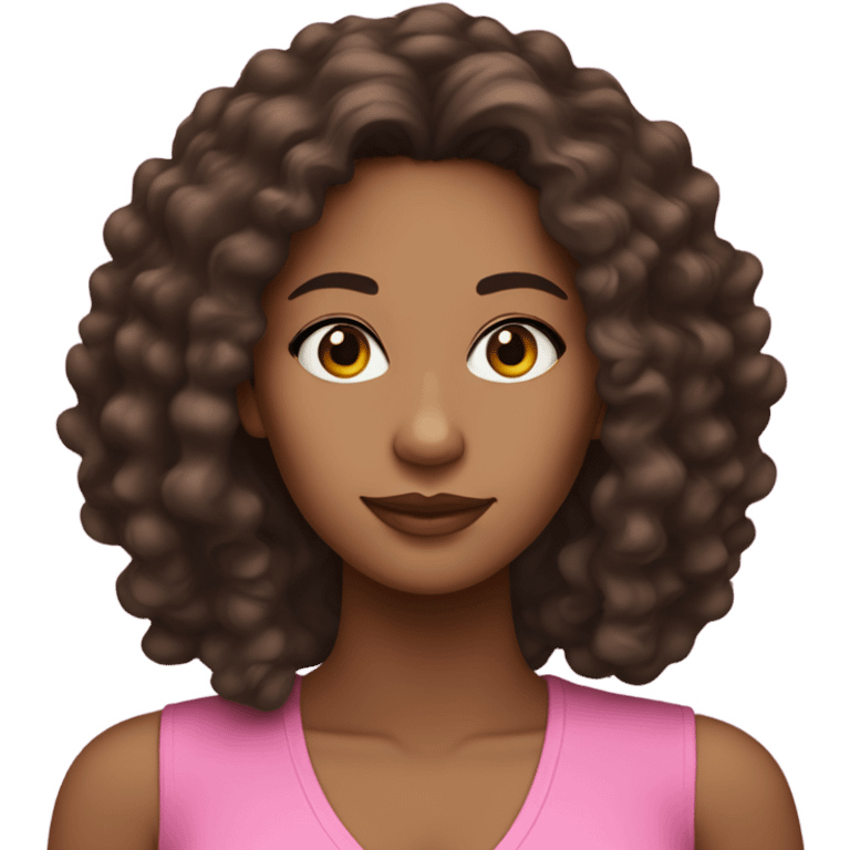 brownskin woman with dark long curly hair and wearing pink with a sleek model look emoji