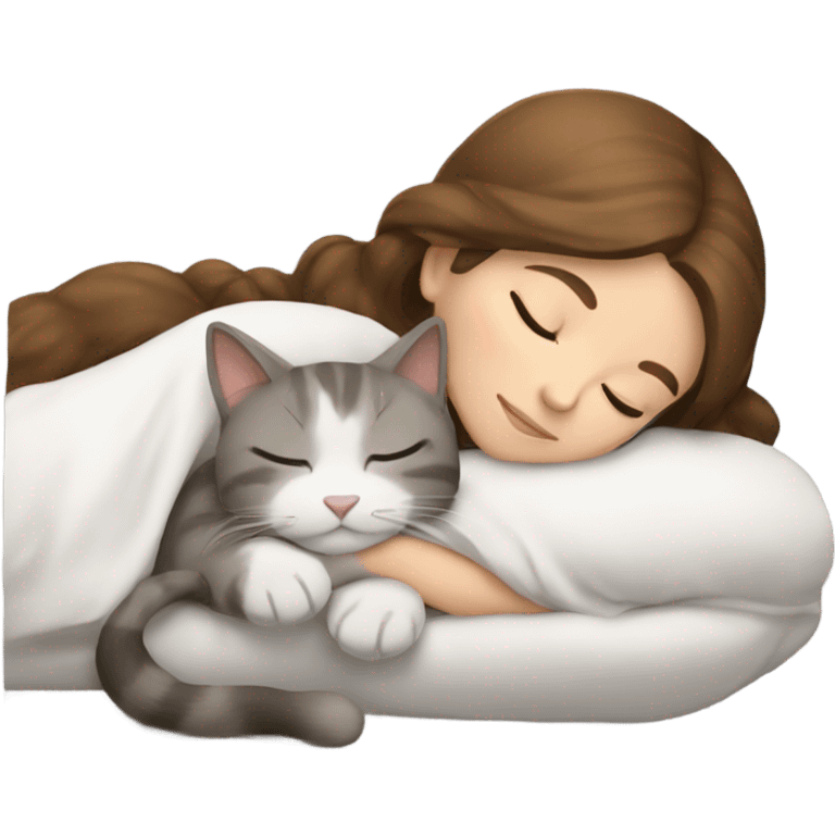 sleeping girl brown hair laying next to a white and gray cat emoji