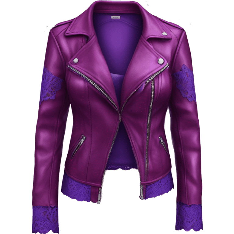 Realistic isolated side view of a metallic magenta open leather jacket with a purple lace camisole underneath it. emoji