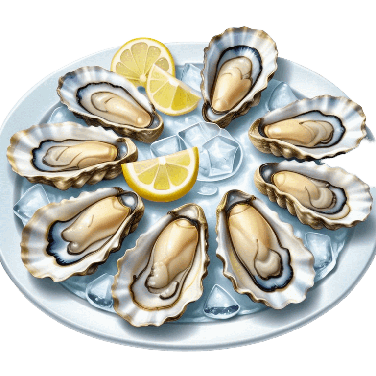 Cinematic fresh oysters on the half-shell, glistening with seawater, served with lemon wedges and ice, soft glowing highlights, elegant and luxurious. emoji