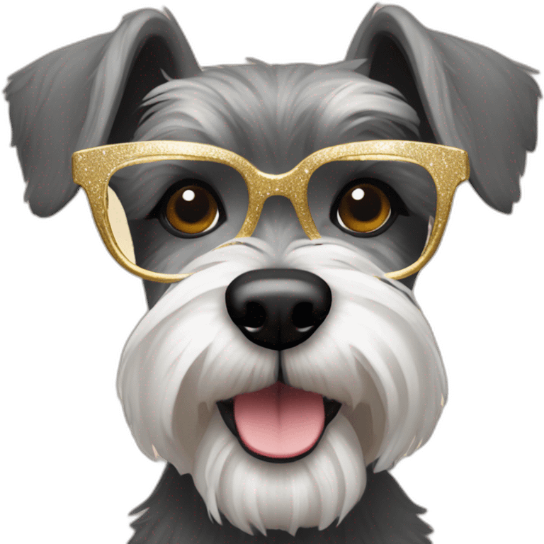 a cute schnauzer dog with golden New Year's Eve holiday glasses emoji