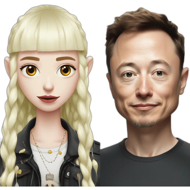 Grimes with drops of white goop on face, elon musk smirking, duo emoji