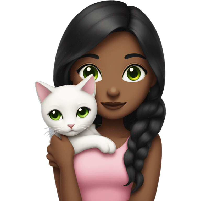 Light brown skin girl with long black hair and black eyes wearing pink hugging or holding a white cat with green eyes emoji