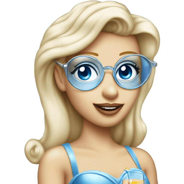 1990's Pale Cinderella with blue eyes wearing glasses drinking a cocktail  emoji