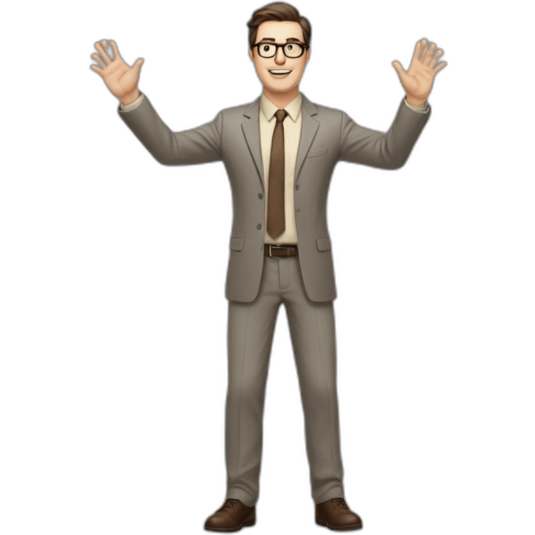 Full height Actively gesturing with hands Pale skinned fit man with dark brown hair in gray jacket, beige office shirt, brown tie, brown pants and vintage glasses. emoji