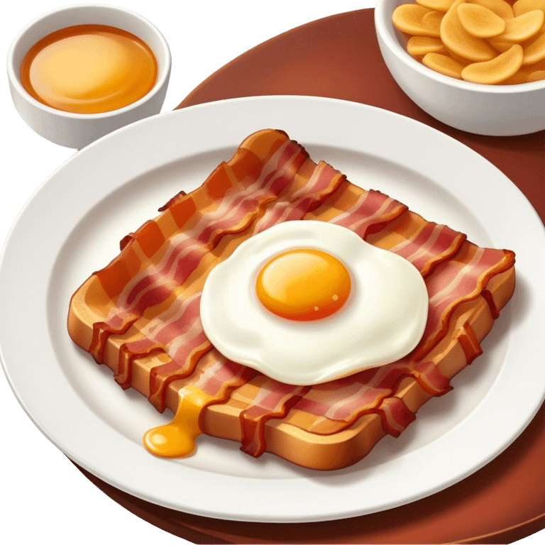 Cinematic crispy sizzling bacon, slightly curled, golden-brown with a perfect crunch, glistening with rich flavor, deep warm tones, served on a breakfast plate, comforting and indulgent. emoji