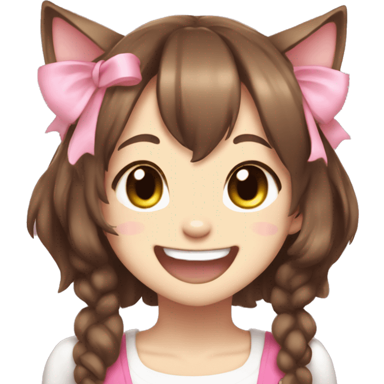 fursona brown hair cat girl with pink bow cute laughing anime emoji