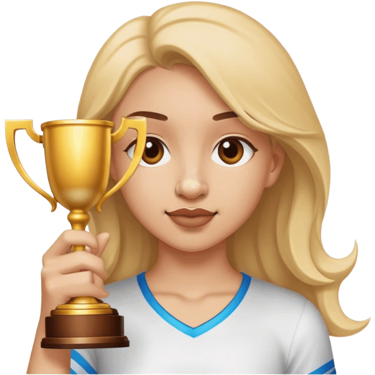 Girl holding trophy of nose emoji