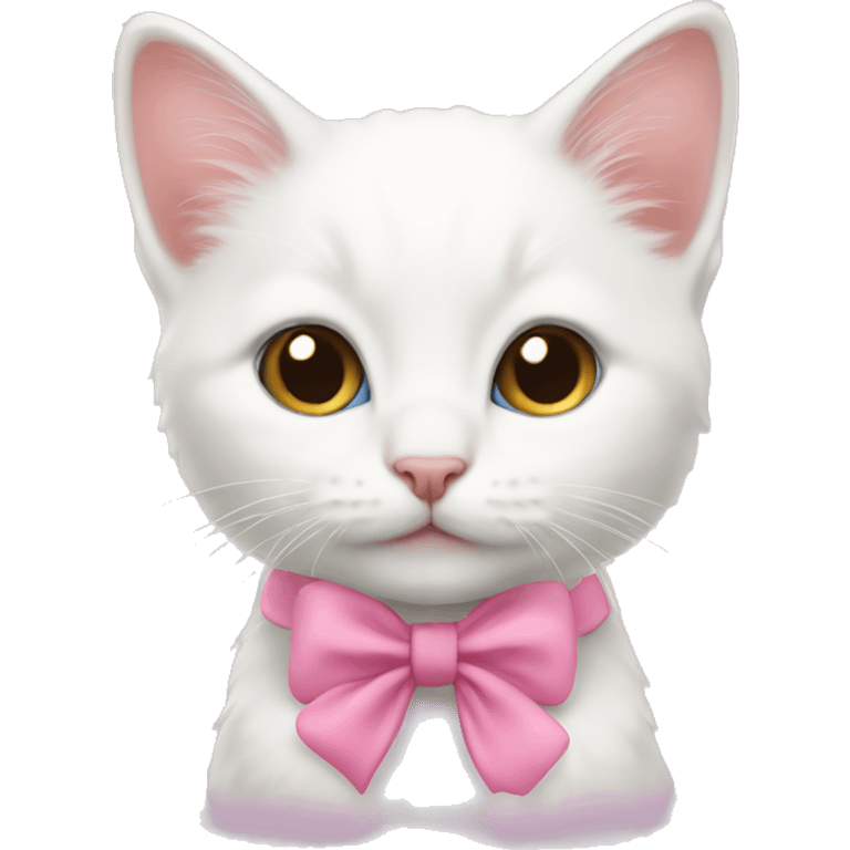 A white kitten wearing a pink bow emoji