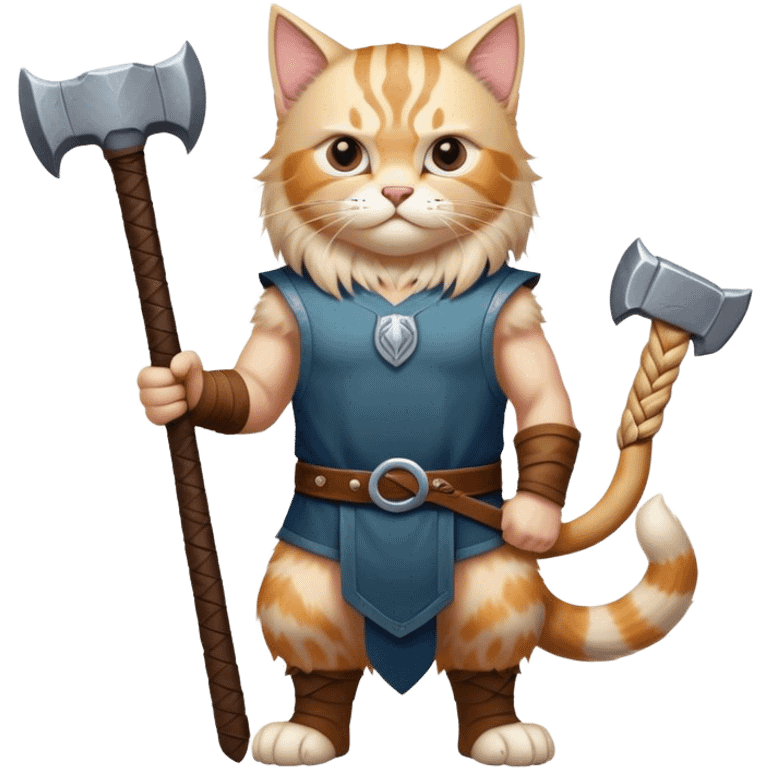 Viking norwegian cat in full height like a man with thors hammer emoji