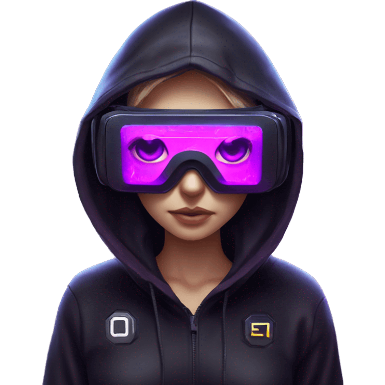 Russian girl wearing black hoody with violet letters "OMG", in vr headset. Cyberpunk style. Violet neon. emoji