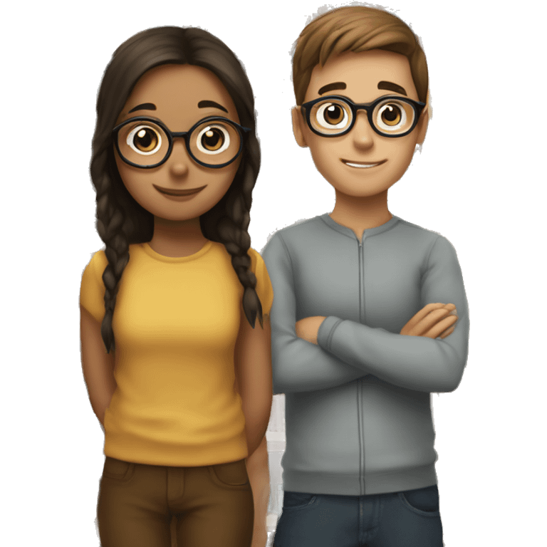 a girl and a boy, next to each other, woth books in front. the girl is ginngerand has round glasses and the boy is brunette and has round glasses.  emoji