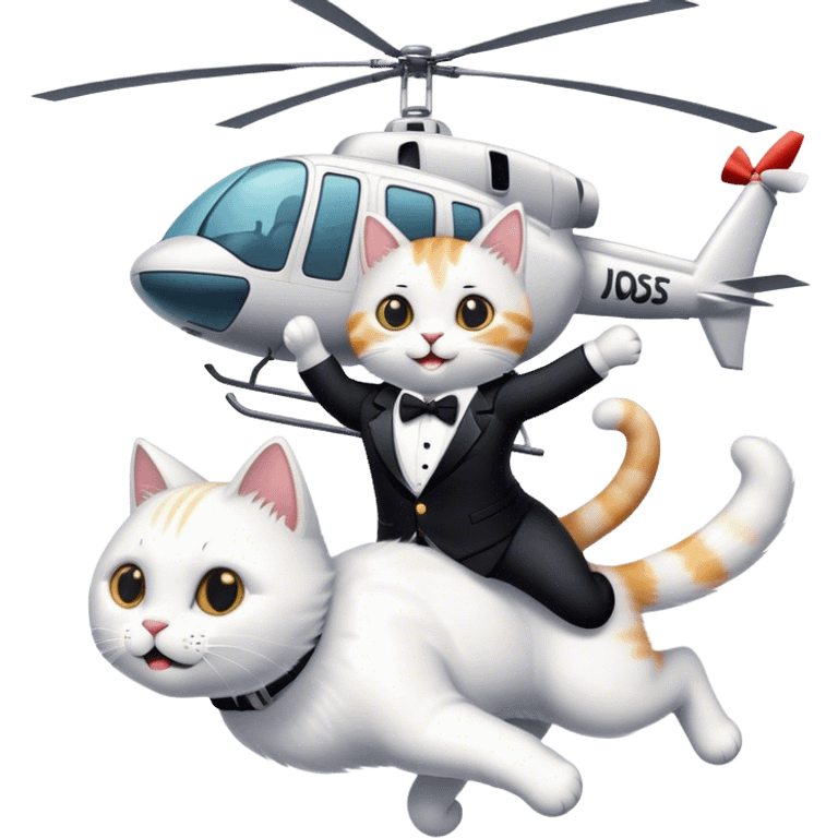 cat jumping out of a helicopter, wearing a tux emoji