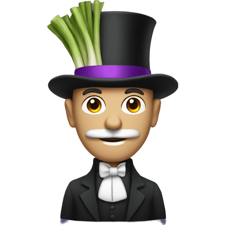 Man holding a leek wearing a top hat with a purple band emoji