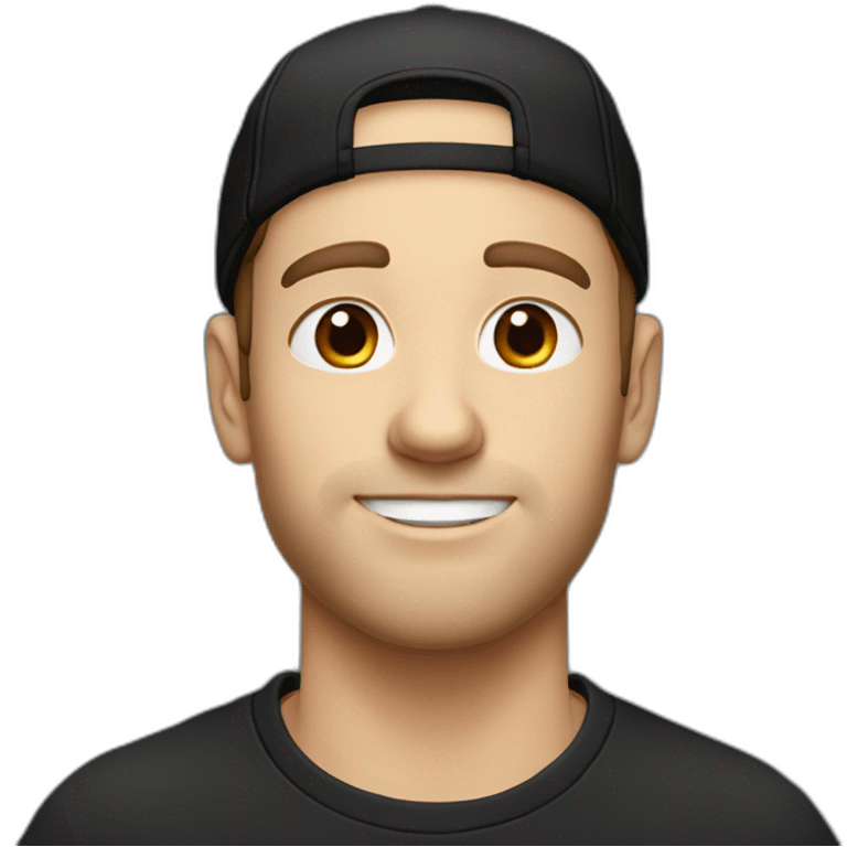 a blue-eyed white guy with dark hair in a black backward cap and in oversized t-shirt emoji