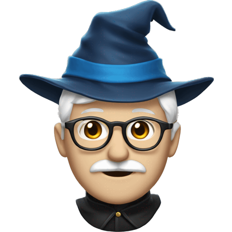 man with white skin,hair is straight and black, a black mustache, glasses, with a magic hat, ravenclaw emoji