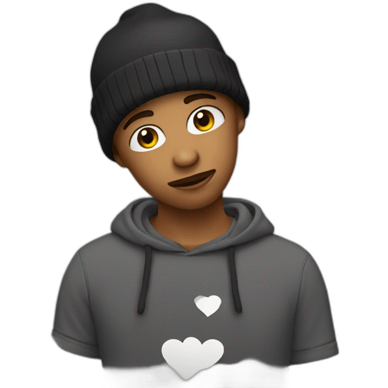 designer with a t-shirt with a broken heart using a beanie emoji