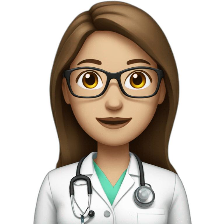 White nurse woman with long brown hair and glasses emoji