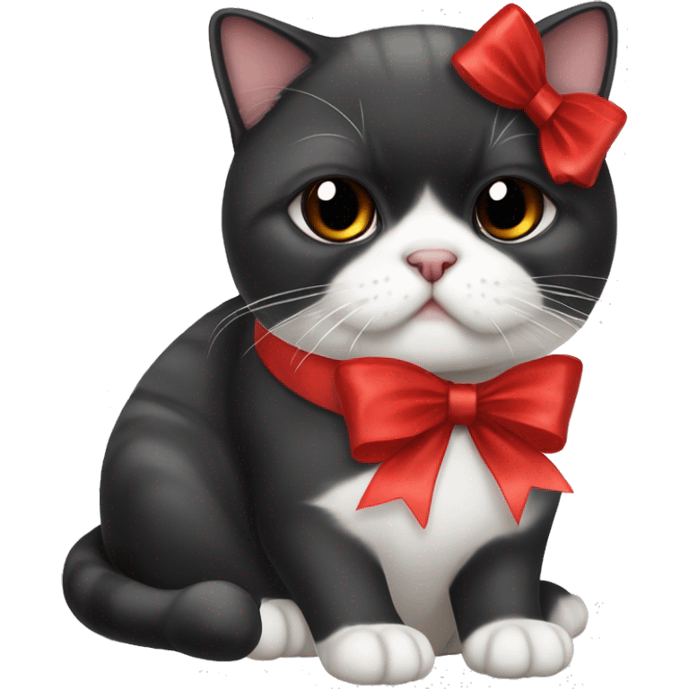 Black and white exotic shorthair cat with red bow emoji