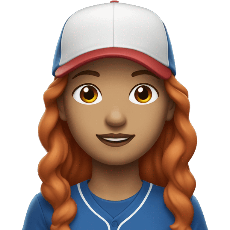 front facing standing up female coach with long red hair, wearing a white t-shirt and a simple baseball blue hat emoji