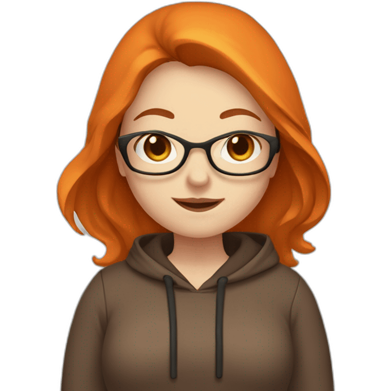 chubby woman with pale skin, with glasses, with long brown hair, wearing a dark orange hoodie, waving emoji