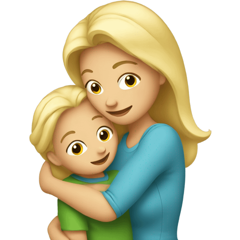 Blonde mom with long her is hugging her toddler son  emoji