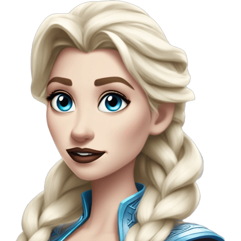 Warcraft geeky computer Elsa in Marvel Avengers style, oil paint, mysterious eyes, intricate lips, masterpiece pose, odd perspective, beautiful, desirable, logical emoji