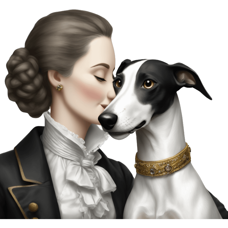 Two aristocrat dog black and white galgo kiss with women  emoji