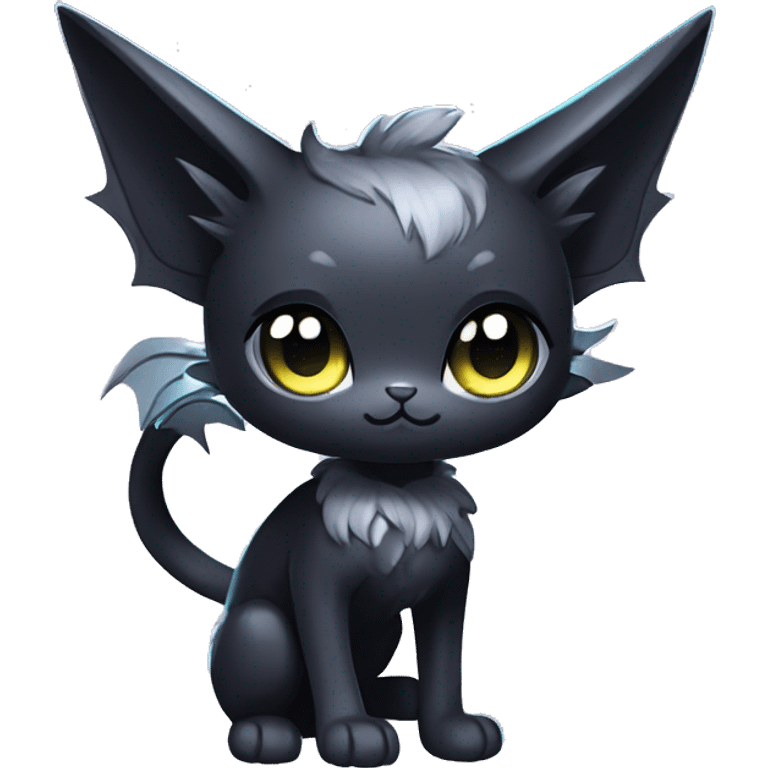 Shiny Shy Cool Black beautiful fantasy Kawaii Ethereal Sona Fakemon-cat-animal with bat-wings-ears Full Body emoji