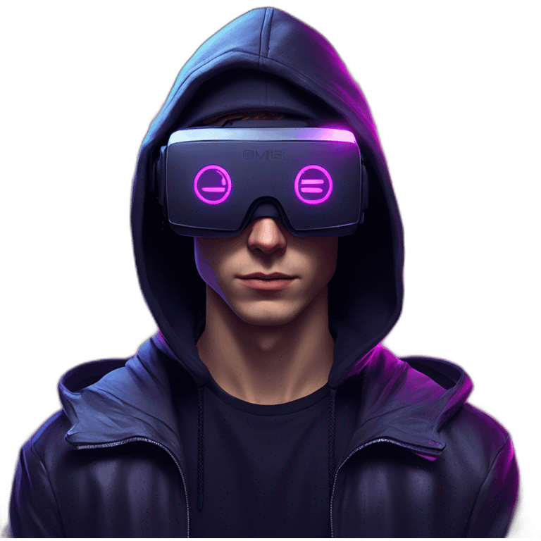 Russian young man wearing a black hoodie with "OMG" letters on it and VR headset in a cyberpunk VR environment with violet neon lighting. emoji