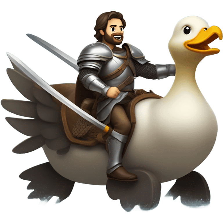 Confident armored White Man with dark brown hair and a short beard pointing forward with one arm holding a sword and yelling a battle charge while riding on the back of a giant duck emoji