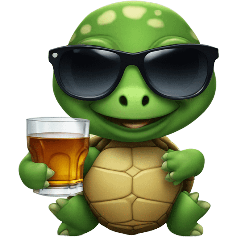 Cute turtle with sunglasses drinking a whiskey ￼ emoji