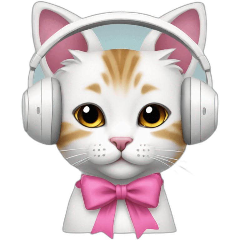 cute cat with pink bow and winter white headphones emoji