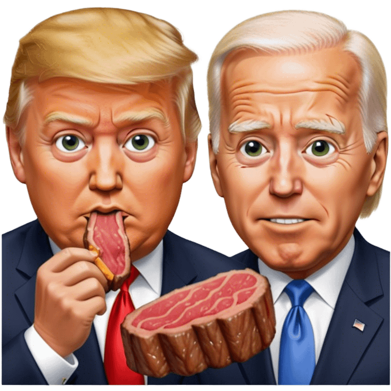 photorealistic Donald Trump and Biden eating a steak shaped like an piece of land emoji