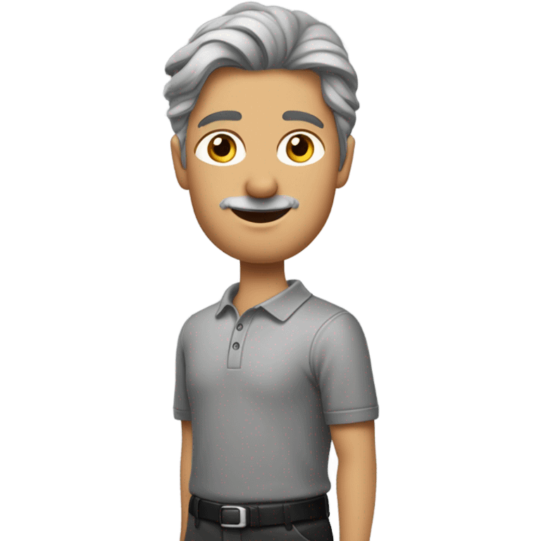 een man met grijs haar en grijze stoppeltjes, met een lange grijze broek, zwarte laarzen en een lange mouwen polo in de kleur zwart emoji