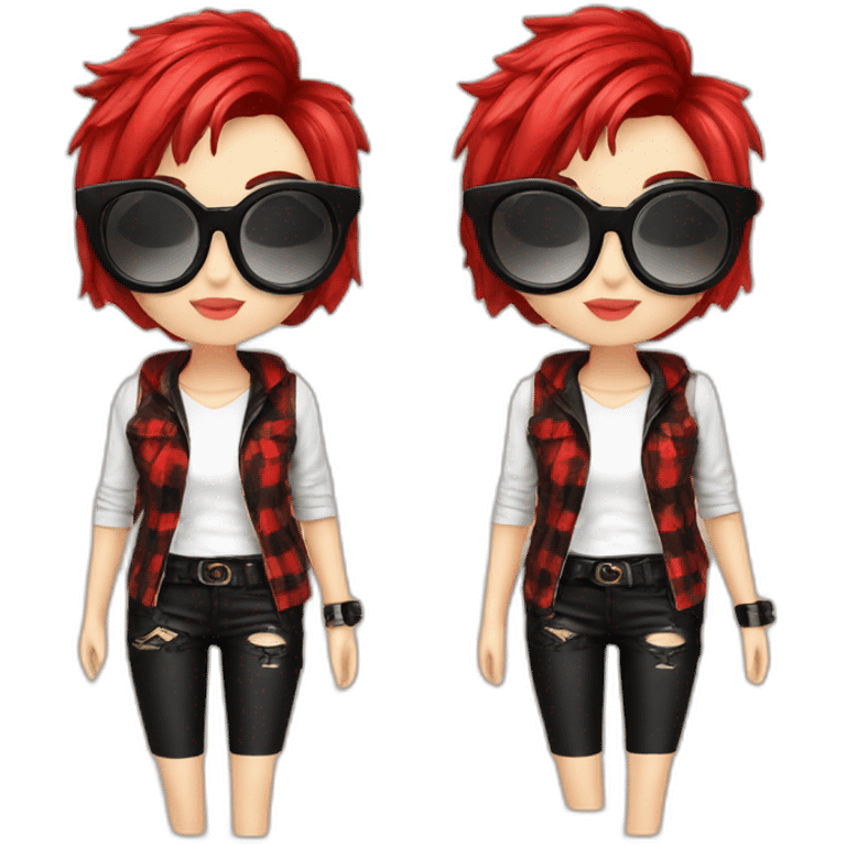 Punk female earrings glasses,red and black short hair, emoji