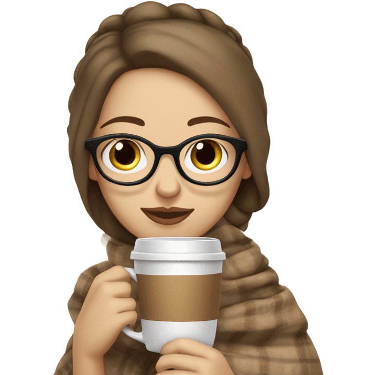 White brunette girl sipping a cappuccino covered in a blanket with glasses and a ponytail emoji